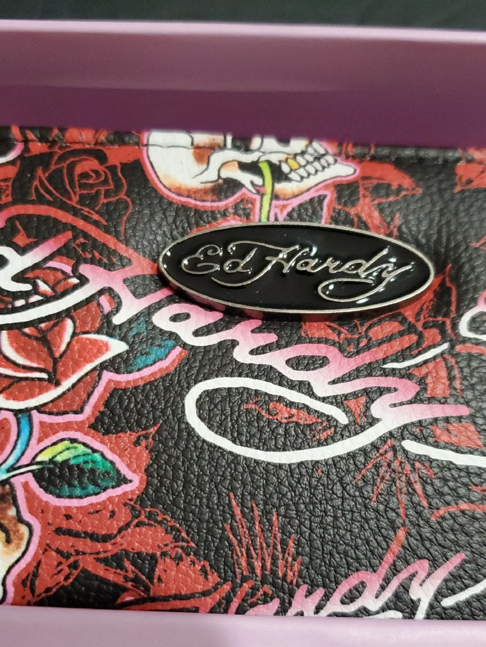 Ed Hardy‎ red black Ed Hardy printed gunmetal rose charm key ring wallet set new